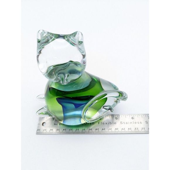 Art Glass Blue and Green Cat Figurine Curling Tail Paperweight - Picture 11 of 12